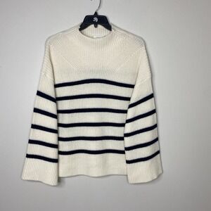 A.L.C. Louise Merino Wool Sweater M Off White Navy Stripe Mock Neck Bell Sleeve